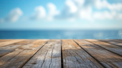 empty wooden table on the beach - obrazy, fototapety, plakaty