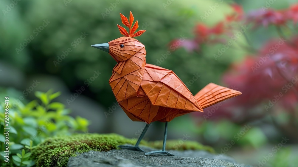 Poster origami bird in the garden, 3d rendering. computer digital drawing. - generative ai