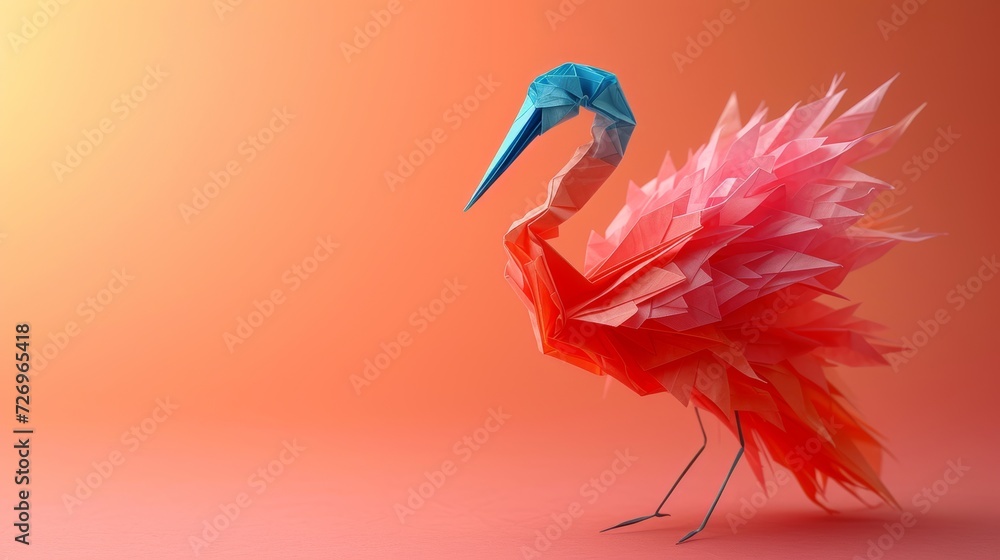 Aufkleber 3d rendering of a origami stork isolated on orange background - generative ai
