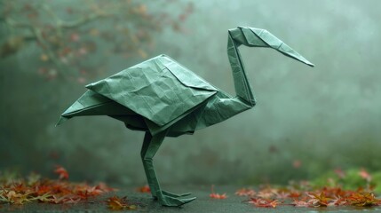 Paper origami bird on a background of autumn leaves. Shallow depth of field - Generative AI - obrazy, fototapety, plakaty