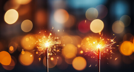 Fototapeta na wymiar Two sparkling sparklers burning brightly against a blurred background with vibrant bokeh lights, symbolizing celebration and festive moments