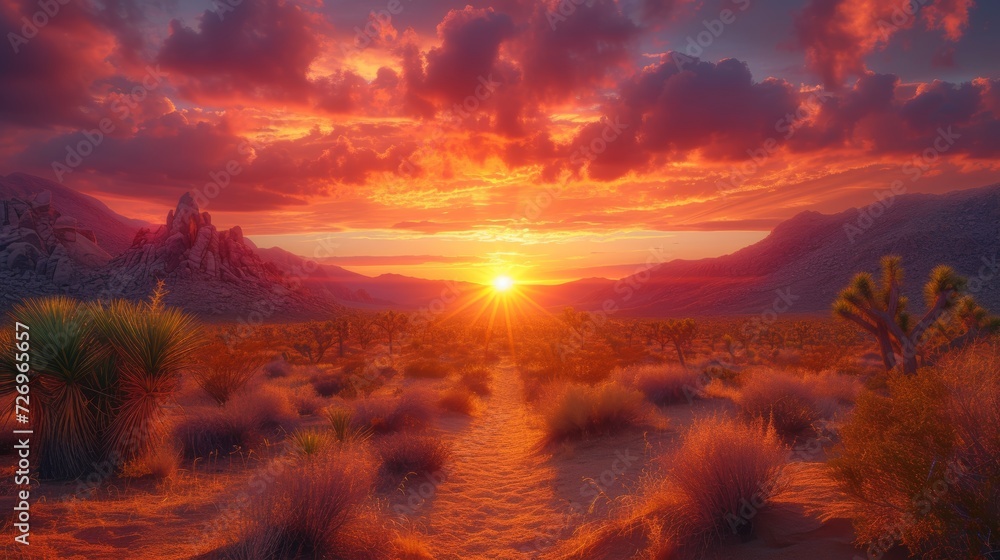 Poster beautiful sunset in the desert. 3d rendering. computer digital drawing. - generative ai
