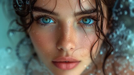 Close-up portrait of beautiful young woman with blue eyes and wet hair - Generative AI - obrazy, fototapety, plakaty