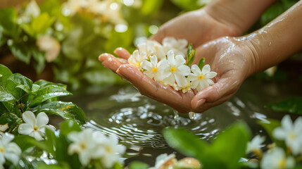 Womans hands offering jasmine flowers