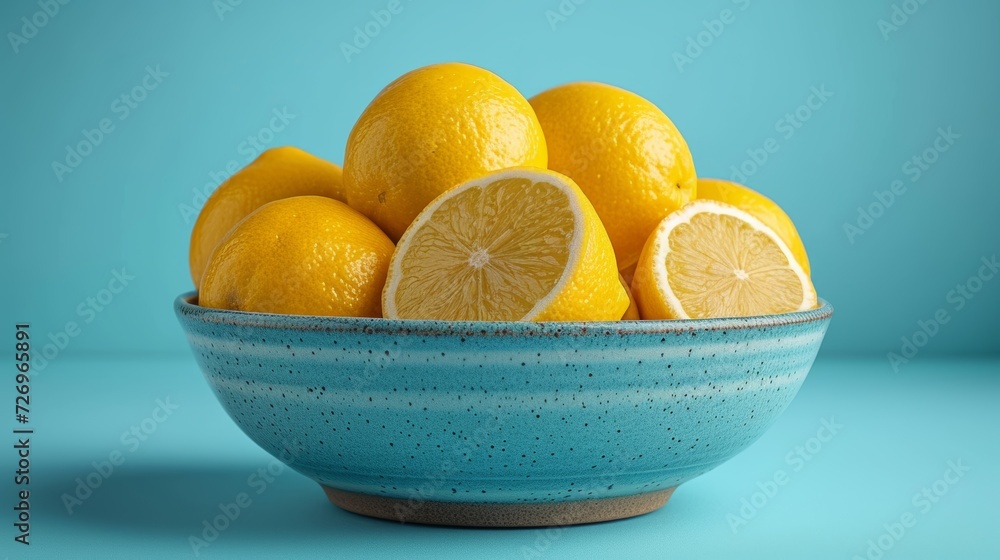 Poster lemons in ceramic bowl on blue background. 3d rendering - generative ai