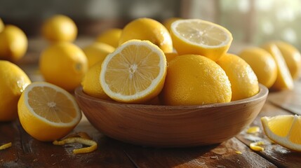 Lemons in a wooden bowl on a rustic wooden table - Generative AI