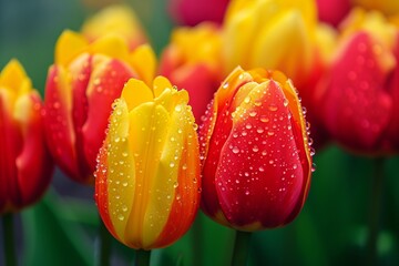 Vibrant Red and Yellow Tulips With Dew Drops on Petals