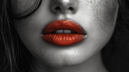 Closeup portrait of a beautiful woman with red lips and black hair - Generative AI