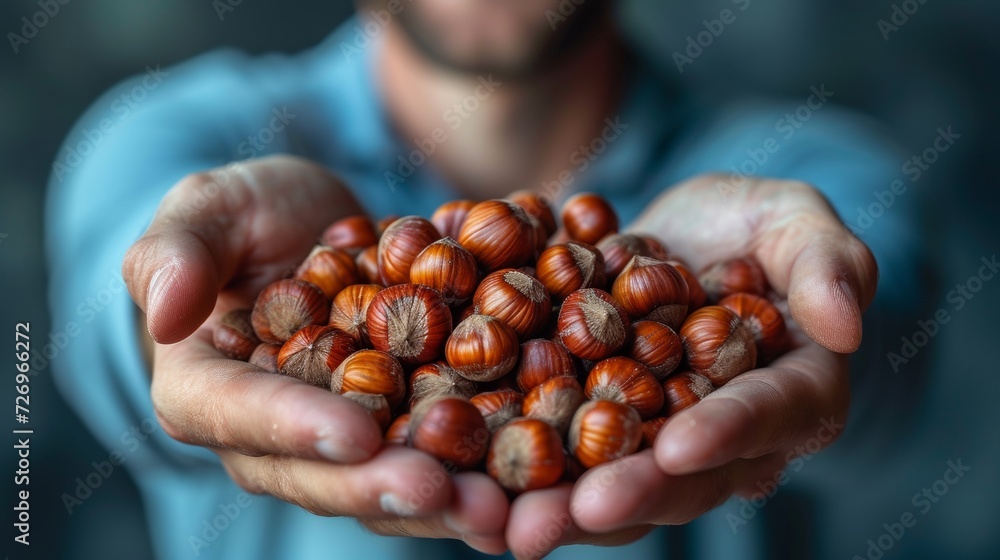 Poster hazelnuts in the hands of a man. selective focus. - generative ai