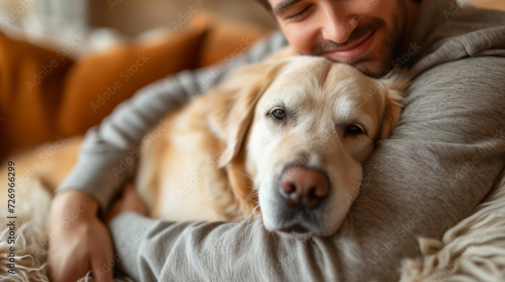 Poster close-up of a man hugging his dog while sitting on the couch at home - generative ai