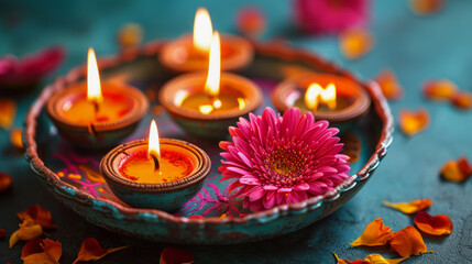 Vibrant Diwali Diyas with flowers on traditional plate