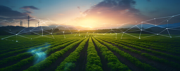 Digital farming , digital architecture , Digital network , 5G impact ai in agriculture ,smart farming development , wide format 
 blue lines , network connection 
 - obrazy, fototapety, plakaty