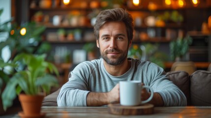 Fototapeta na wymiar Portrait of a handsome young man sitting in a cafe with a cup of coffee - Generative AI