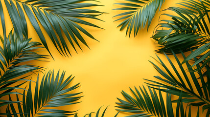 Fototapeta na wymiar green palm branches over a yellow background, flat lay of green palm branches over a yellow background top view copy space, Summer vacation, travel Generative Ai 
