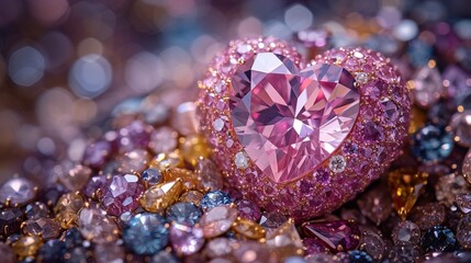Heart shaped cut gemstone surrounded by sparkling stones.