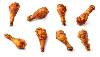Set of fried chicken drumstick isolated white.