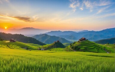 landscape view of rice fields on the mountain, with afternoon sunlight, landscape concept. Generative AI