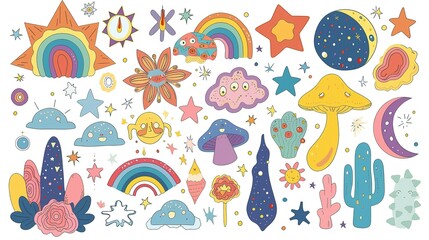 Fototapeta premium Set of funky groovy element vector. Collection of cartoon characters, cute doodle drawn.sparkle. Retro hippie design for decorative, sticker, toys and kids