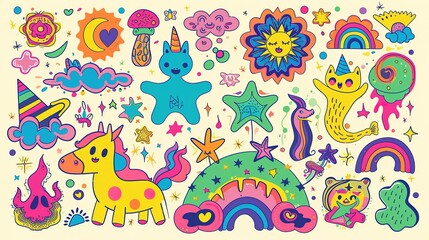 Set of funky groovy element vector. Collection of cartoon characters, cute doodle drawn.sparkle. Retro hippie design for decorative, sticker, toys and kids