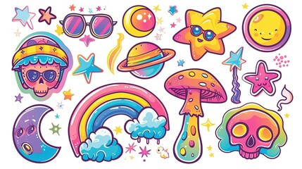 Fototapeta na wymiar Set of funky groovy element vector. Collection of cartoon characters, cute doodle drawn.sparkle. Retro hippie design for decorative, sticker, toys and kids