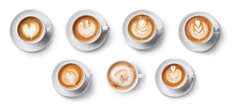 Set of latte art coffee isolated on white background.