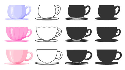 Porcelain coffee tea cup mug glass on saucer colorful black line silhouette stamp flat set. Editable line stroke print shape shell drinkware party breakfast kitchen collection container icon isolated