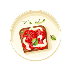 Appetizing crouton with pieces of tomato and mayonnaise on a porcelain plate. Lettuce leaves on toast. Healthy food for dinner. Self care. Vector illustration