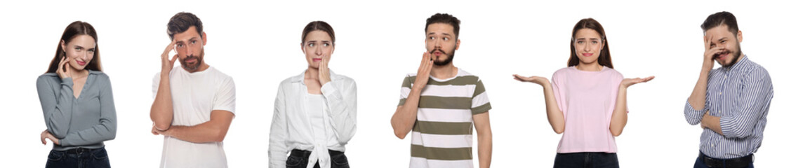 Embarrassed people on white background, set with photos