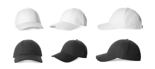 Stylish baseball caps isolated on white, set