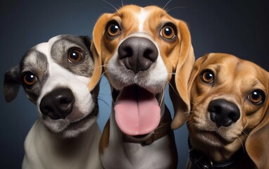 realistic photo of cute beagle dog looking at camera while taking selfie with another beagle dog and a pug in studio photo. generative ai