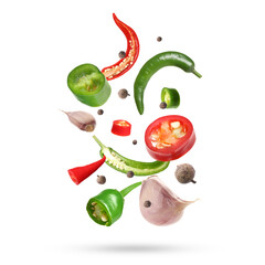 Different aromatic spices falling on white background