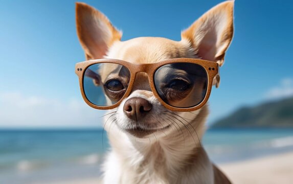 realistic photo of cool chihuahua dog on the beach wearing glasses. generative ai