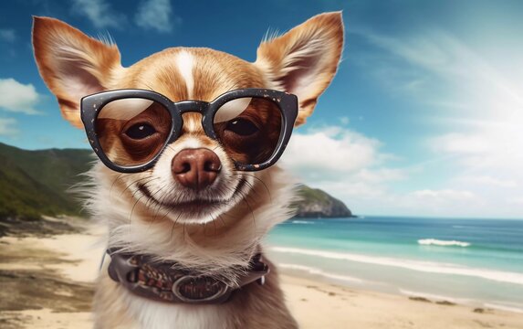 realistic photo of cool chihuahua dog on the beach wearing glasses. generative ai