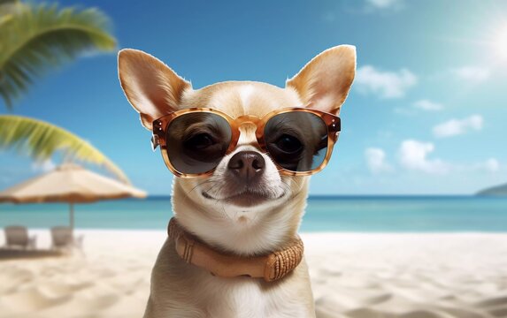 realistic photo of cool chihuahua dog on the beach wearing glasses. generative ai