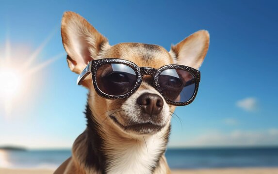 realistic photo of cool chihuahua dog on the beach wearing glasses. generative ai