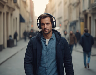 Man with headphones on a city street