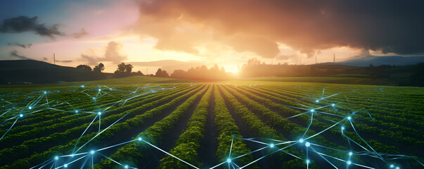 Digital farming , digital architecture , Digital network , 5G impact ai in agriculture ,smart farming development , wide format 
 , sunrise in the field blue lines , network connection 

