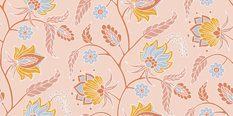 Seamless pattern with stylised indian style flowers and leaves on a stem. Hand drawn floral repeat background © akini