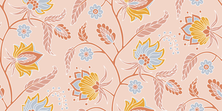 Seamless pattern with stylised indian style flowers and leaves on a stem. Hand drawn floral repeat background