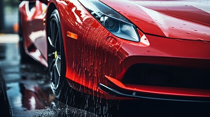 Red luxury car close-up in a high-pressure washer
