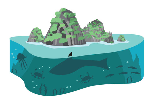 Cliff Mountain with Underwater cut away concept. Editable Clip Art.