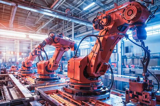 Heavy Industry robots at work in factory