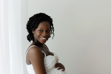 studio photo portrait of beautiful dark skin african american pregnant woman on colour background