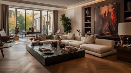 Fototapeta na wymiar The living room is modern and has parquet flooring with chic furniture.