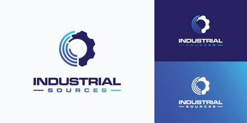 Vector logo design illustration of global line movement with industrial gears. - obrazy, fototapety, plakaty