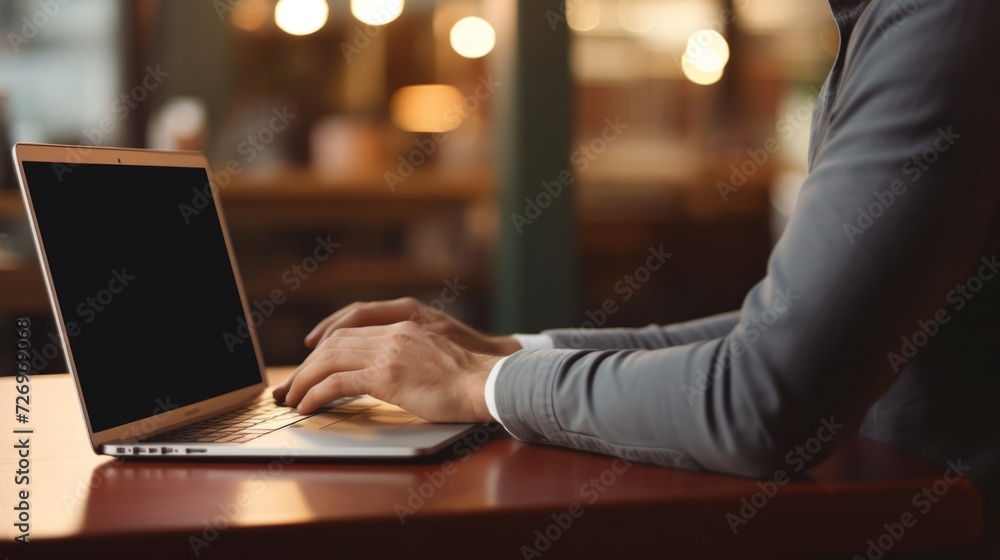 Poster close-up of hands typing on laptop keyboard with blank screen mockup. copy space available for desig