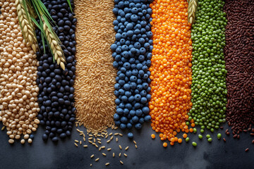 presentation of food, rice, grain and legumes