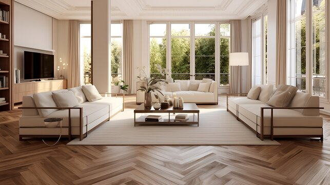 The living room is modern and has parquet flooring with chic furniture.