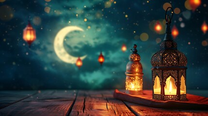 Fototapeta premium Arabian lanterns decorate an old wooden table with sky and crescent moon behind Ramadan Kareem background