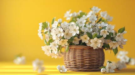 White flowers in wooden basket on yellow spring background,  generative ai